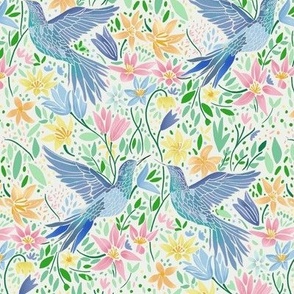 (M scale) Colorful birds, lilies, flowers and leaves in pink, blue, orange and yellow