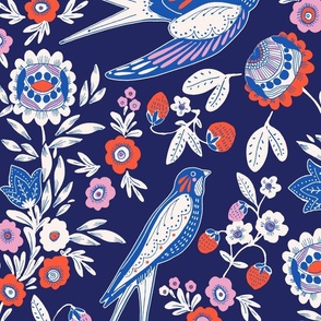 SWALLOWS AND STRAWBERRIES - 24IN - BLUE RED PINK