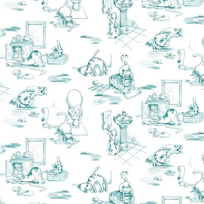 Kitty Cats Bathroom Toile -- Teal Blue Tones Toilet Toile with Playing Cats -- Teal Blue Cats Bathroom Wallpaper Delight -- cattoile kct001 -- 24in x 20.58in repeat -- 300dpi (50% of Full Scale)