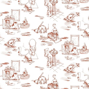 Kitty Cats Bathroom Toile -- Brown Tones Toilet Toile with Playing Cats -- Brown Cats Bathroom Wallpaper Delight -- cattoile kct002 -- 24in x 20.58in repeat -- 300dpi (50% of Full Scale)
