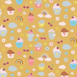 cute cupcakes rainbows and clouds on gold caramel with pastels - Large