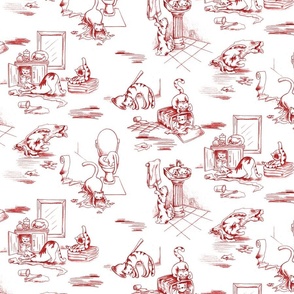 Kitty Cats Bathroom Toile -- Dark Red Toilet Toile with Playing Cats -- Dark Red Cats Bathroom Wallpaper Delight -- cattoile kct004 -- 24in x 20.58in repeat -- 300dpi (50% of Full Scale)