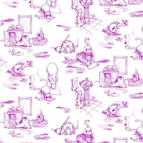 Kitty Cats Bathroom Toile -- Magenta Toilet Toile with Playing Cats -- Magenta Cats Bathroom Wallpaper Delight -- cattoile kct007 -- 24in x 20.58in repeat -- 300dpi (50% of Full Scale)