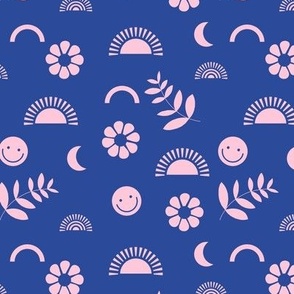 Retro Smiley Summer - neon style retro nineties bright flowers sun and rainbows swim design blush pink navy blue 