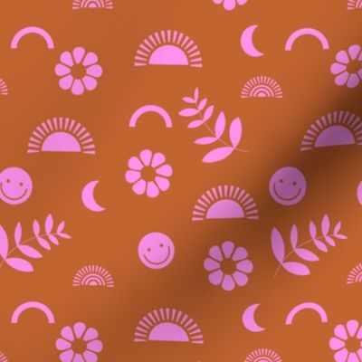 Retro Smiley Summer - neon style retro nineties bright flowers sun and rainbows swim design pink burnt orange 