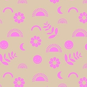 Retro Smiley Summer - neon style retro nineties bright flowers sun and rainbows swim design pink tan 