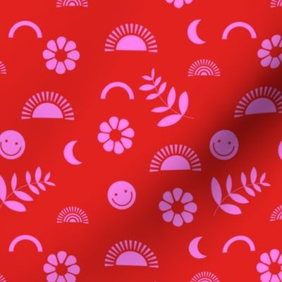 Retro Smiley Summer - neon style retro nineties bright flowers sun and rainbows swim design pink red 