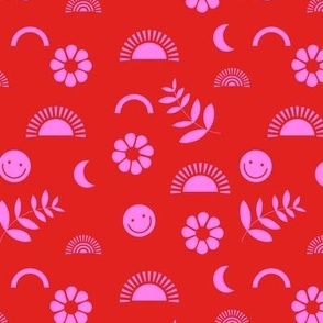Retro Smiley Summer - neon style retro nineties bright flowers sun and rainbows swim design pink red 