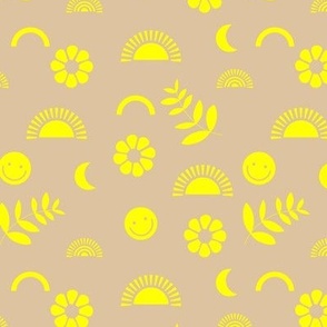 Retro Smiley Summer - neon style retro nineties bright flowers sun and rainbows swim design yellow tan 