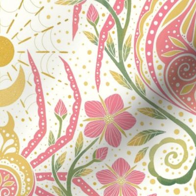 Whimsical spider garden -pink, green and gold - motifs - wallpaper - floral - watercolor - home decor - bedding - wallpaper - curtains.