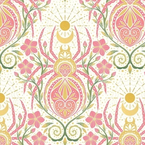 Whimsical spider garden -pink, green and gold - motifs - wallpaper - floral - watercolor - home decor - bedding - wallpaper - curtains.