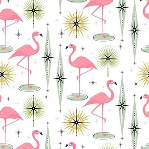 Retro Flamingo Oasis w Sunbursts on White