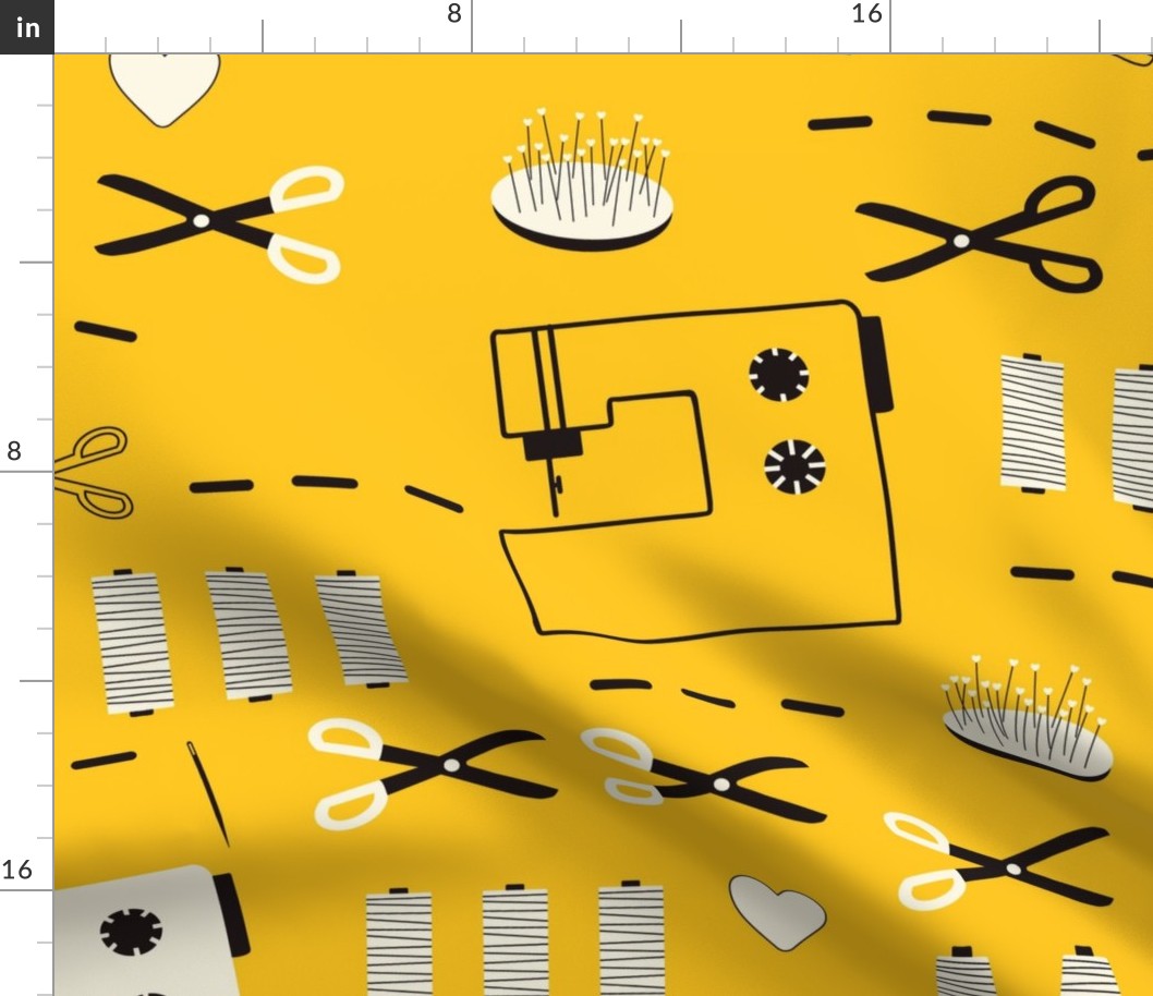 Trichromatic-black-and-white-sewing-supplies-on-vintage-bold-bright-yellow-XL-jumbo