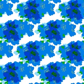 Cheery Blossoms Mini Bright Electric Blue Flowers With Turquoise And Grass Green On White Retro Modern Scandi Swiss Colorful Bold Mid-Century Grandmillennial Coastal Granny Floral Repeat Pattern