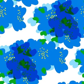 Cheery Blossoms Bright Electric Blue Flowers With Turquoise And Grass Green On White Retro Modern Scandi Swiss Colorful Bold Mid-Century Grandmillennial Coastal Granny Floral Repeat Pattern