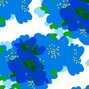 Cheery Blossoms Big Bright Electric Blue Flowers With Turquoise And Grass Green On White Retro Modern Scandi Swiss Colorful Bold Mid-Century Grandmillennial Coastal Granny Floral Repeat Pattern