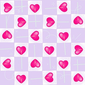 Treat yourself challenge : Pink heart lollipops on lilac purple background creating a checkered pattern, with hand-drawn doodles