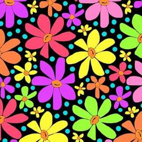 Multicolor Hippie Daisies on Black Large Scale