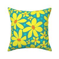 Hippie Daisies Yellow on Turquoise Large Scale
