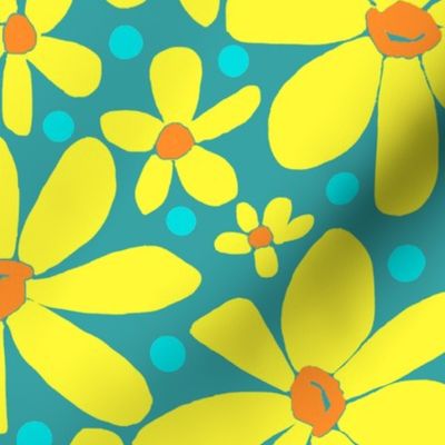 Hippie Daisies Yellow on Turquoise Large Scale