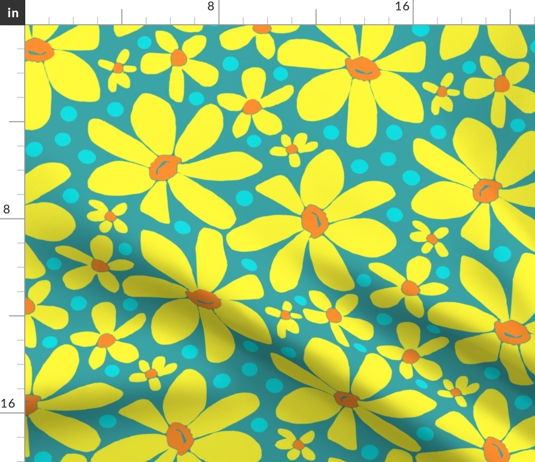 Hippie Daisies Yellow on Turquoise Large Scale