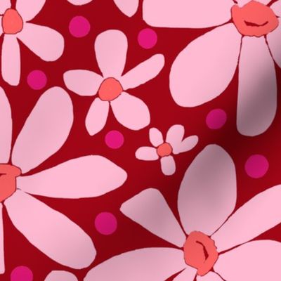 Hippie Daisies Pink on Red Large Scale