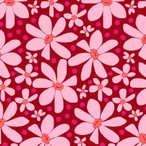 Hippie Daisies Pink on Red Large Scale