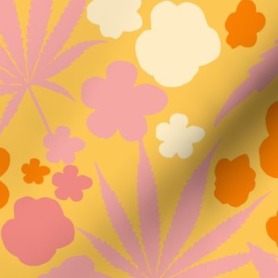 Heart California Cannabis Leaves And Flowers Mini Palm Royale Peachy With Tangerine And Other Oranges And A Kiss Of Light Daffodil Yellow Retro Modern Ditzy Floral Botanical Tropical 60’s Silhouette Print Pattern