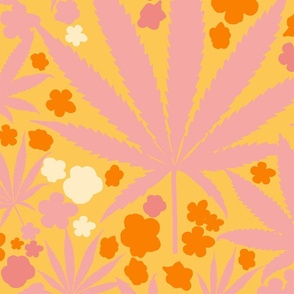Heart California Cannabis Leaves And Flowers Mini Palm Royale Peachy With Tangerine And Other Oranges And A Kiss Of Light Daffodil Yellow Retro Modern Ditzy Floral Botanical Tropical 60’s Silhouette Print Pattern