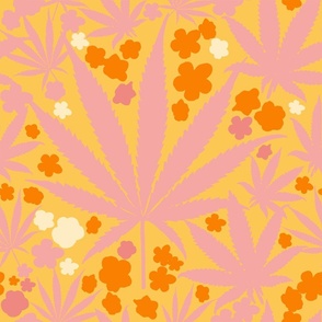 Heart California Cannabis Leaves And Flowers Palm Royale Peachy With Tangerine And Other Oranges And A Kiss Of Light Daffodil Yellow Retro Modern Ditzy Floral Botanical Tropical 60’s Silhouette Print Pattern