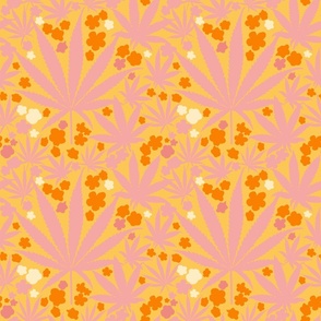 Heart California Cannabis Leaves And Flowers Big Palm Royale Peachy With Tangerine And Other Oranges And A Kiss Of Light Daffodil Yellow Retro Modern Ditzy Floral Botanical Tropical 60’s Silhouette Print Pattern