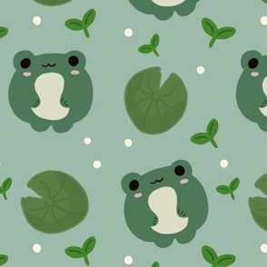 Kawaii Frog with Lillies Green 