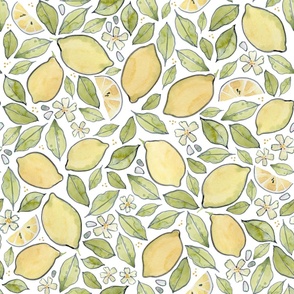 Watercolor Lemons 24x24 - Jumbo Fresh Lemons on White, Sunny Yellow Wallpaper 32024119