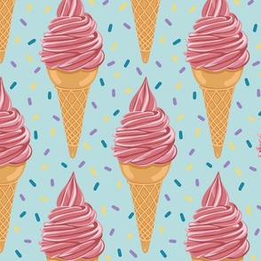 Strawberry Soft Serve Ice Cream Cones in Pink and Light Green with Rainbow Sprinkles