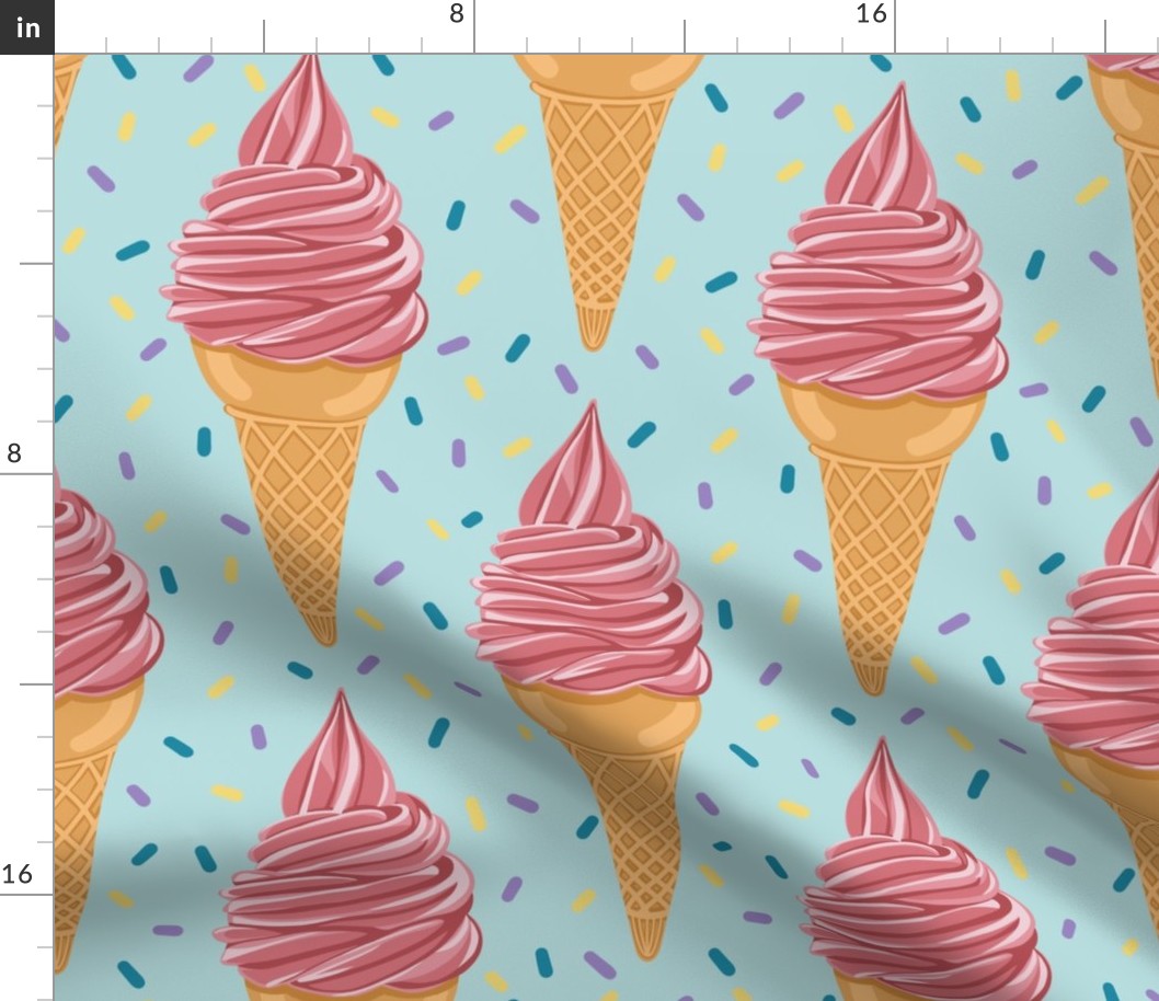 Strawberry Soft Serve Ice Cream Cones in Pink and Light Green with Rainbow Sprinkles