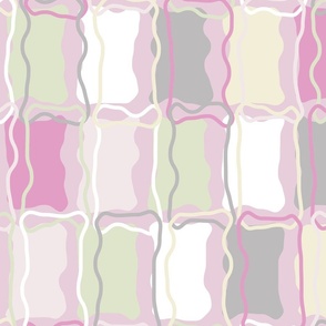 Geometric Chainlink in Pink Grey White and Green on a Mauve background 