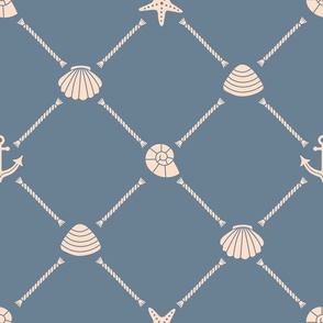 (L) Sea shells and nautical ropes denim blue, Coastal Chic 