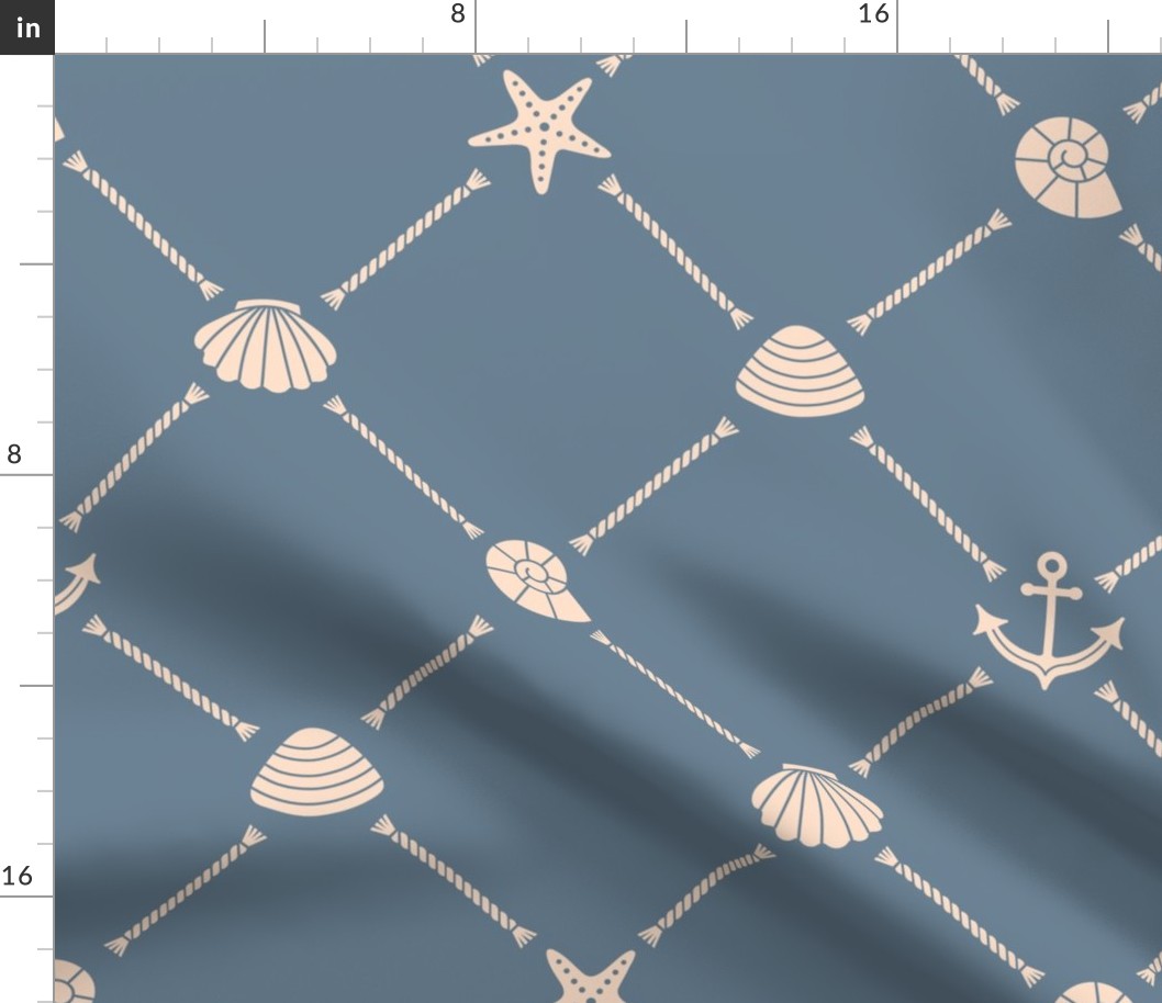 (L) Sea shells and nautical ropes denim blue, Coastal Chic 