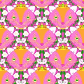 Garden Princess Kitty Mini Hot Pink Illustrated Cat Face With Yellow Orange And White Flower Green Vine Trellis Retro Modern Colorful Bright Vertical Repeat Pattern
