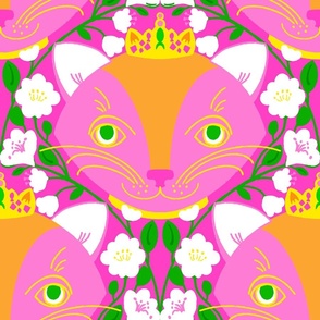 Garden Princess Kitty Hot Pink Illustrated Cat Face With Yellow Orange And White Flower Green Vine Trellis Retro Modern Colorful Bright Vertical Repeat Pattern