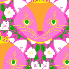 Garden Princess Kitty Big Hot Pink Illustrated Cat Face With Yellow Orange And White Flower Green Vine Trellis Retro Modern Colorful Bright Vertical Repeat Pattern