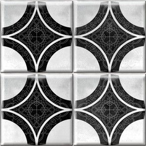 3" Art Deco Circles Ceramic Tile - Faux Ceramic white and black Tile -- wallpaper that looks like tile - black and white 3D look faux ceramic tiles - 3" tiles - Classy Black and White art deco bathroom, kitchen backsplash wallpaper - Half Drop Design