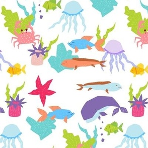 Collage sea world. Fish, jellyfish, whales, crabs, actinia, sea stars