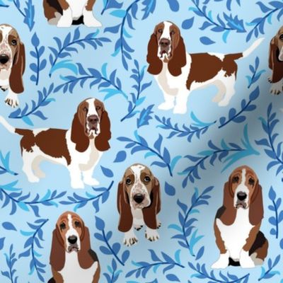 Basset Hound  Dogs and blue leaf pattern 