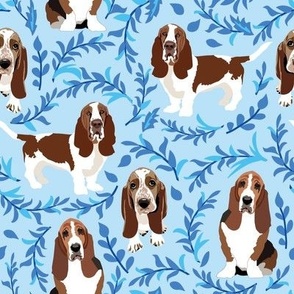 Basset Hound  Dogs and blue leaf pattern 