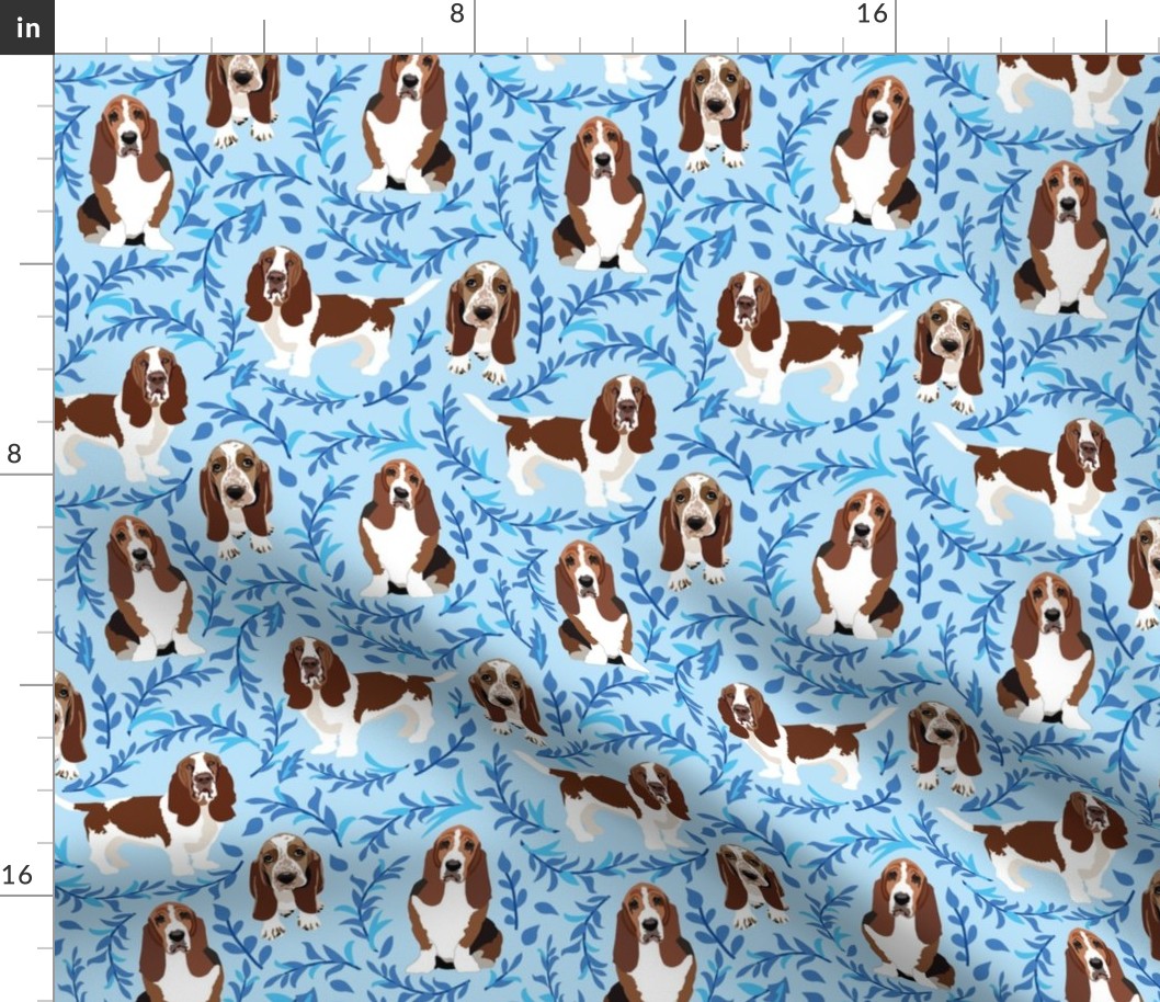 Basset Hound  Dogs and blue leaf pattern 