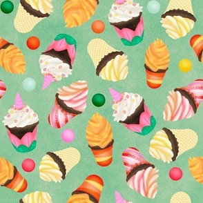 Sweet Cupcakes and Gumdrops on Green Background