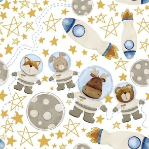 Woodland Animals in Space (White) (Large Scale)(10.5"/12")