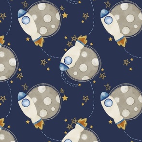 Moon and Rocketships (Navy Blue) (Large Scale)(10.5"/12")