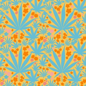 Heart California Mini Retro Tropical Turquoise Blue Cannabis Leaf And Flowers Modern Ditzy Hippy 90’s Beach Floral Botanical Peach Pink, Orange And Palm Desert Yellow Surf Skate Street Style Summer Repeat Pattern